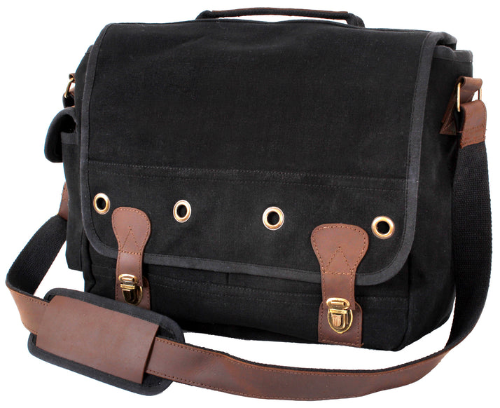 Rothco's Trailblazer Laptop Case Shoulder Bag (Black), front view in the closed configuration showing the top carry handle, shoulder strap, side snap pocket, weather flap with brass grommet accents and antique brass buckles with leather accents.