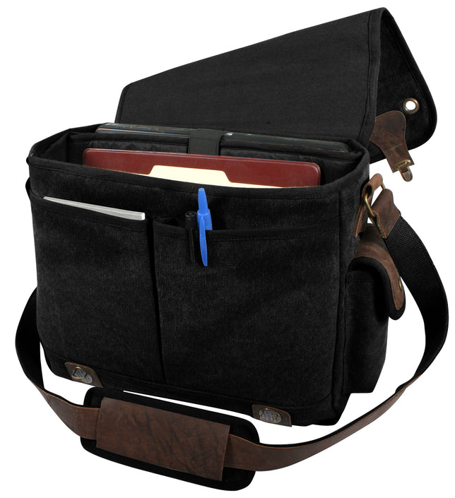 Rothco's Trailblazer Laptop Case Shoulder Bag (Black), front view in the open configuration showing the Laptop Sleeve with Securing Strap; 2 Front Pockets under the Main Weather Flap and Side Snap Pocket with its own small Weather Flap.