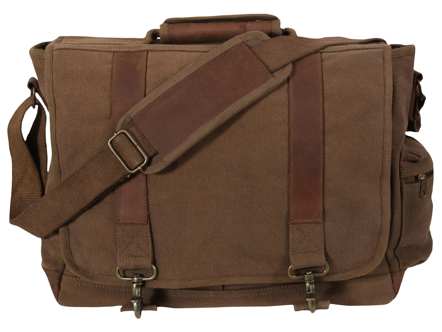 Rothco's Vintage Canvas Pathfinder Laptop Bag (Earth), front view in the closed configuration showing top carry handle, shoulder strap, side zippered pocket, weather flap with antique brass closures and leather accents.
