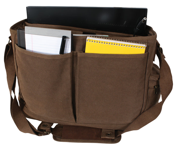 Rothco's Vintage Canvas Pathfinder Laptop Bag (Earth), front view in the opened configuration showing 2 front pockets, main compartment and side zippered pocket.