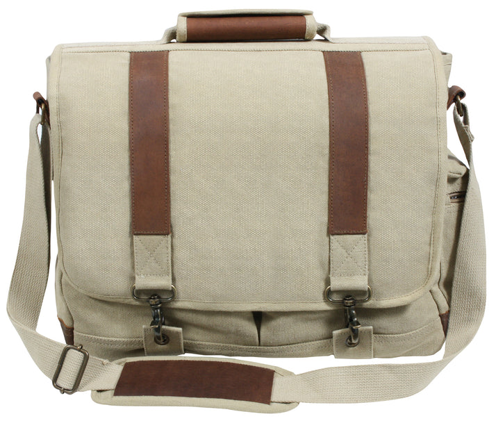 Rothco's Vintage Canvas Pathfinder Laptop Bag (Khaki), front view in the closed configuration showing top carry handle, shoulder strap, side zippered pocket, weather flap with antique brass closures and leather accents.