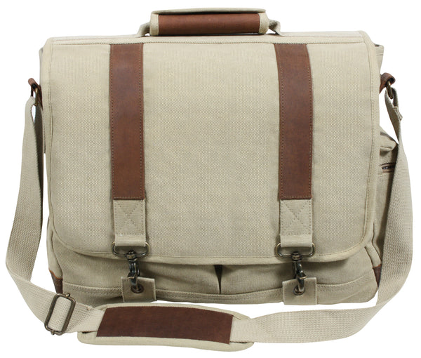 Rothco's Vintage Canvas Pathfinder Laptop Bag (Khaki), front view in the closed configuration showing top carry handle, shoulder strap, side zippered pocket, weather flap with antique brass closures and leather accents.