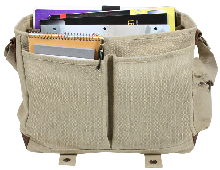 Rothco's Vintage Canvas Pathfinder Laptop Bag (Khaki), front view in the opened configuration showing 2 front pockets, main compartment and side zippered pocket.