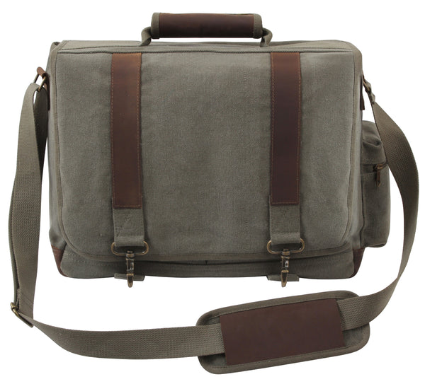 Rothco's Vintage Canvas Pathfinder Laptop Bag (Olive), front view in the closed configuration showing top carry handle, shoulder strap, side zippered pocket, weather flap with antique brass closures and leather accents.