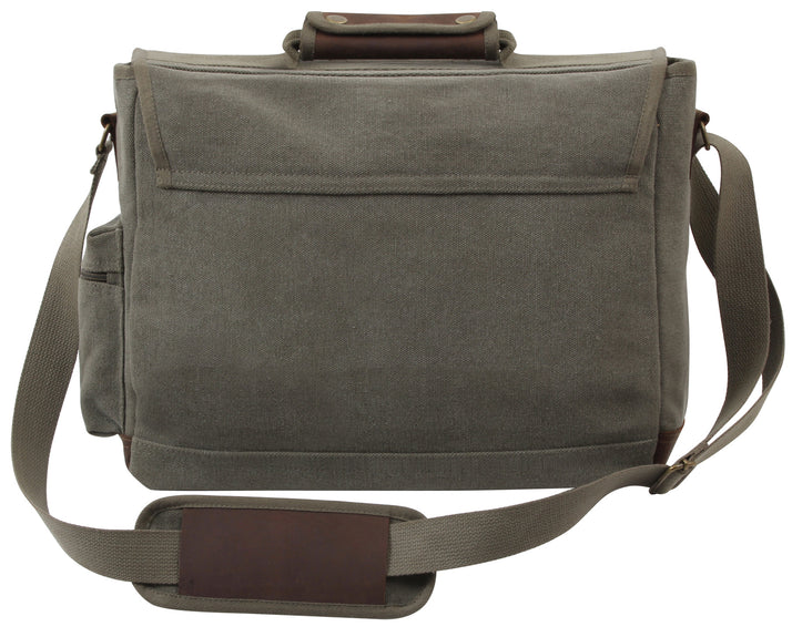Rothco's Vintage Canvas Pathfinder Laptop Bag (Olive), rear view in the closed configuration showing top carry handle, shoulder strap and side zippered pocket.
