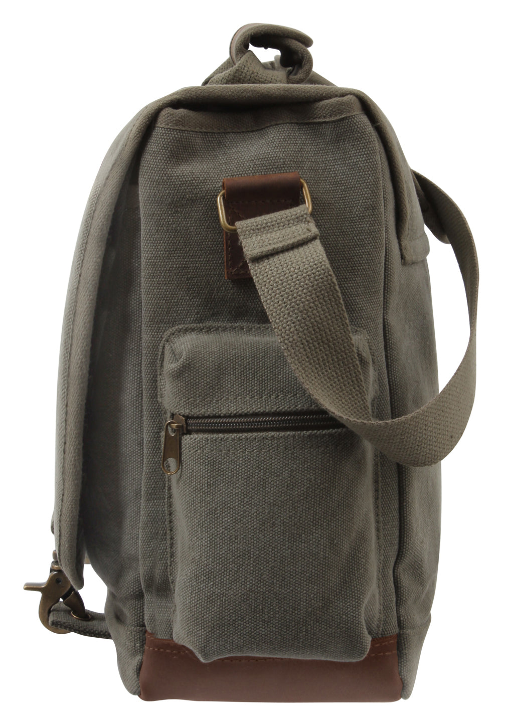 Rothco's Vintage Canvas Pathfinder Laptop Bag (Olive), side view in the closed configuration showing top carry handle, shoulder strap, side zippered pocket, weather flap and brass closure detail.