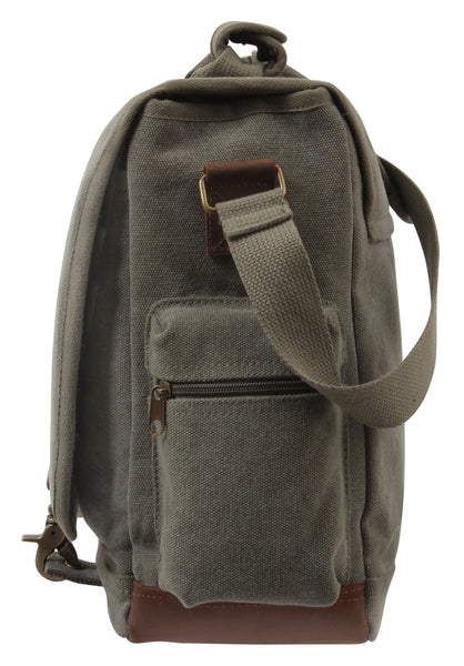 Rothco's Vintage Canvas Pathfinder Laptop Bag (Olive), side view in the closed configuration showing top carry handle, shoulder strap, side zippered pocket, weather flap and brass closure detail.
