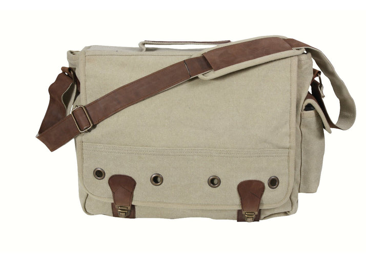 Rothco's Trailblazer Laptop Case Shoulder Bag (Khaki), front view in the closed configuration showing the top carry handle, shoulder strap, side snap pocket, weather flap with brass grommet accents and antique brass buckles with leather accents.