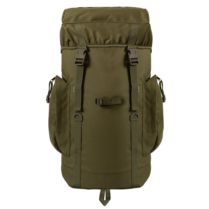 Rothco's 45L Military Tactical Backpack (Olive Drab), rear view showing main compartment, 2 side pouches and elastic top cover secured by drawstring and adjustable straps with side-release buckles.