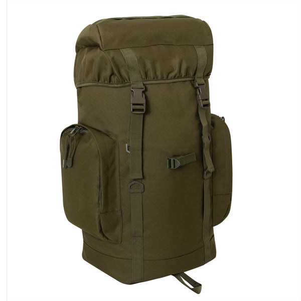Rothco's 45L Military Tactical Backpack (Olive Drab), oblique view showing main compartment, 2 side pouches and elastic top cover secured by drawstring and adjustable straps with side-release buckles.