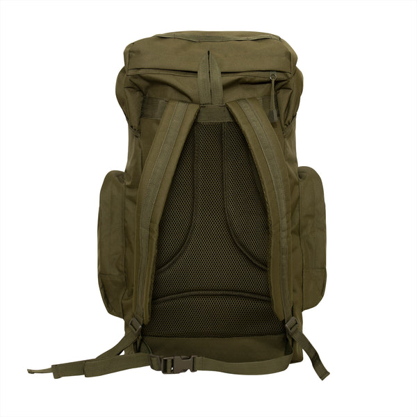 Rothco's 45L Military Tactical Backpack (Olive Drab), front view showing hidden zippered compartment, padded back and shoulder straps, side-release waist strap, 2 side pouches and lifting handle.