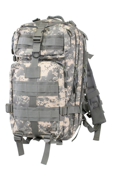 Rothco’s Medium Transport Tactical Backpack (ACU Digital), oblique view showing padded shoulder straps, lifting handle, the layering of this backpack’s many compartments, one of 2 depth expansion and securing straps, 3 rows of MOLLE utility loops and the rear-facing loop field for morale patches.