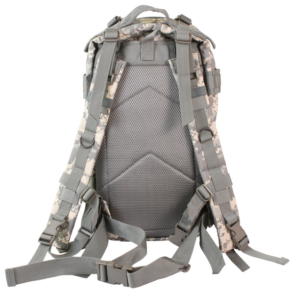 Rothco’s Medium Transport Tactical Backpack (ACU Digital), front view showing open-top accessory compartment, padded back and shoulder straps, side-release chest and waist straps, lifting handle and adjustable straps with side-release buckles.