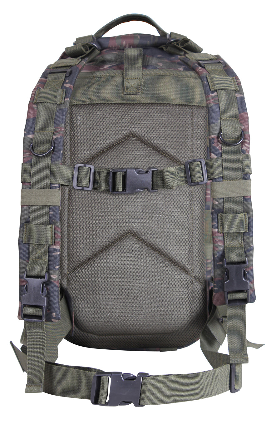 Rothco’s Medium Transport Tactical Backpack (Tiger Stripes), front view showing open-top accessory compartment, padded back and shoulder straps, side-release chest and waist straps, lifting handle and adjustable straps with side-release buckles.