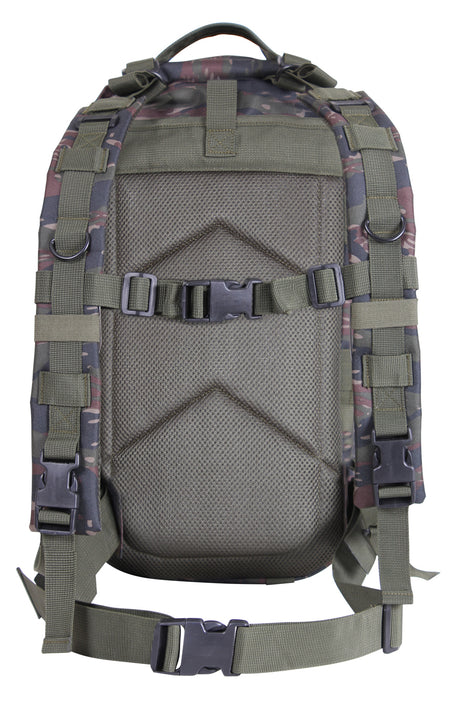 Rothco’s Medium Transport Tactical Backpack (Tiger Stripes), front view showing open-top accessory compartment, padded back and shoulder straps, side-release chest and waist straps, lifting handle and adjustable straps with side-release buckles.