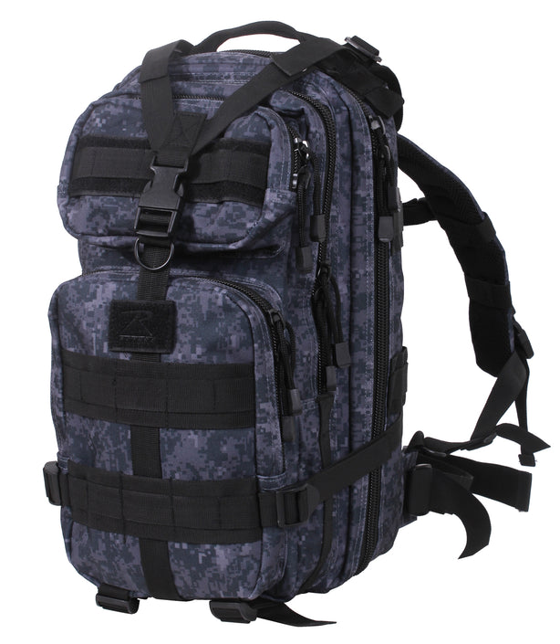 Rothco’s Medium Transport Tactical Backpack (Midnight Digital), oblique view showing padded shoulder straps, lifting handle, the layering of this backpack’s many compartments, one of 2 depth expansion and securing straps, 3 rows of MOLLE utility loops and the rear-facing loop field for morale patches.