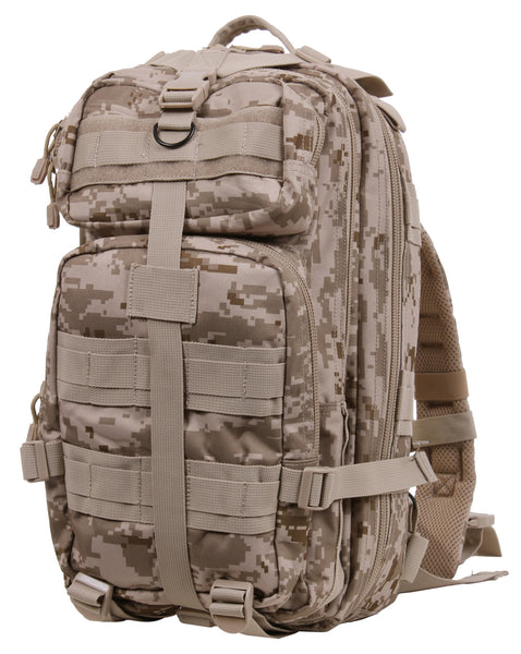 Rothco’s Medium Transport Tactical Backpack (Desert Digital), oblique view showing padded shoulder straps, lifting handle, the layering of this backpack’s many compartments, one of 2 depth expansion and securing straps, 3 rows of MOLLE utility loops and the rear-facing loop field for morale patches.