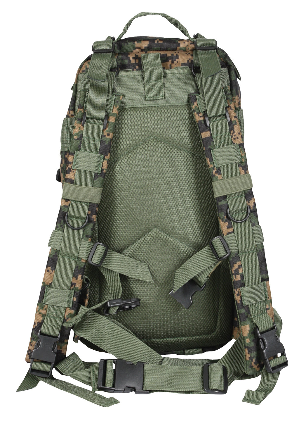 Rothco’s Medium Transport Tactical Backpack (Woodland Digital), front view showing open-top accessory compartment, padded back and shoulder straps, side-release chest and waist straps, lifting handle and adjustable straps with side-release buckles.