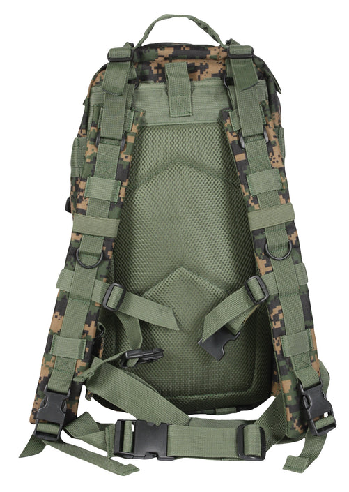 Rothco’s Medium Transport Tactical Backpack (Woodland Digital), front view showing open-top accessory compartment, padded back and shoulder straps, side-release chest and waist straps, lifting handle and adjustable straps with side-release buckles.