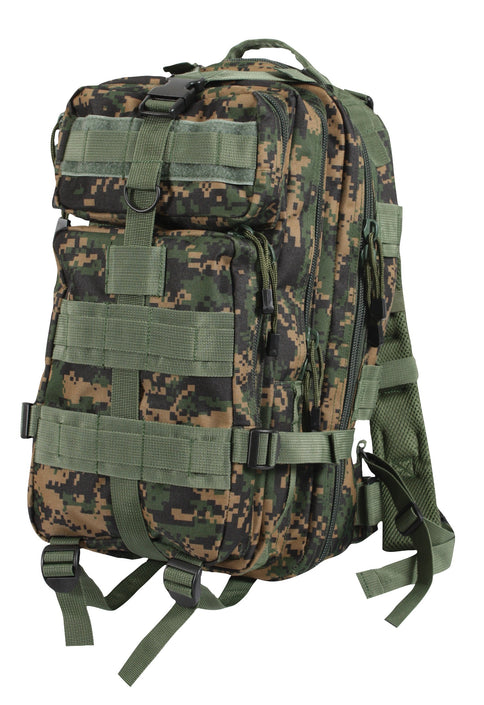 Rothco’s Medium Transport Tactical Backpack (Woodland Digital), oblique view showing padded shoulder straps, lifting handle, the layering of this backpack’s many compartments, one of 2 depth expansion and securing straps, 3 rows of MOLLE utility loops and the rear-facing loop field for morale patches.