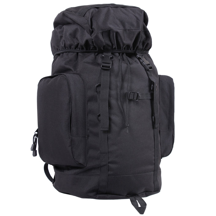 Rothco's 45L Military Tactical Backpack (Invisible Black), oblique view showing main compartment, 2 side pouches and elastic top cover secured by drawstring and adjustable straps with side-release buckles.
