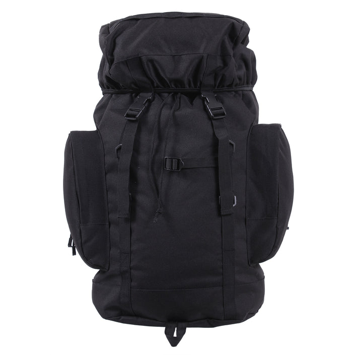 Rothco's 45L Military Tactical Backpack (Invisible Black), rear view showing main compartment, 2 side pouches and elastic top cover secured by drawstring and adjustable straps with side-release buckles.