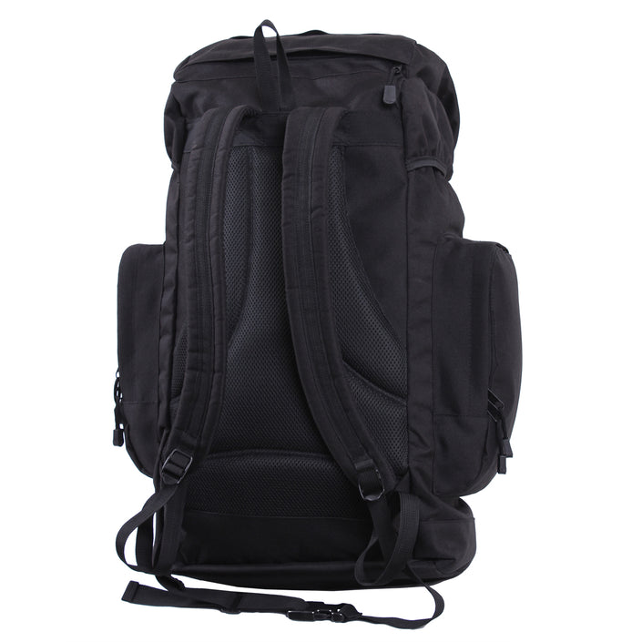 Rothco's 45L Military Tactical Backpack (Invisible Black), front view showing hidden zippered compartment, padded back and shoulder straps, side-release waist strap, 2 side pouches and lifting handle.