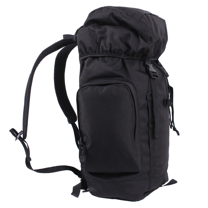 Rothco's 45L Military Tactical Backpack (Invisible Black), side view showing padded shoulder straps, main compartment, one of 2 side pouches and elastic top cover secured by drawstring and adjustable straps with side-release buckles.