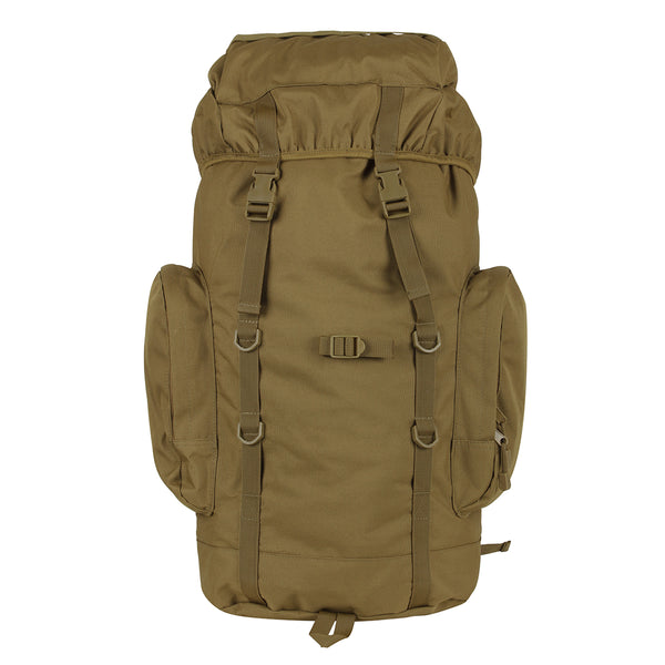Rothco's 45L Military Tactical Backpack (Coyote Brown), rear view showing main compartment, 2 side pouches and elastic top cover secured by drawstring and adjustable straps with side-release buckles.