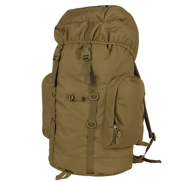 Rothco's 45L Military Tactical Backpack (Coyote Brown), oblique view showing main compartment, 2 side pouches and elastic top cover secured by drawstring and adjustable straps with side-release buckles.