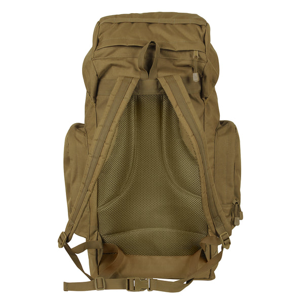 Rothco's 45L Military Tactical Backpack (Coyote Brown), front view showing hidden zippered compartment, padded back and shoulder straps, side-release waist strap, 2 side pouches and lifting handle.