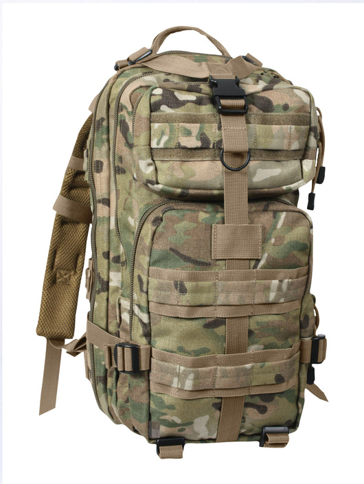 Rothco’s Medium Transport Tactical Backpack (MultiCam), oblique view showing padded shoulder straps, lifting handle, the layering of this backpack’s many compartments, one of 2 depth expansion and securing straps, 3 rows of MOLLE utility loops and the rear-facing loop field for morale patches.