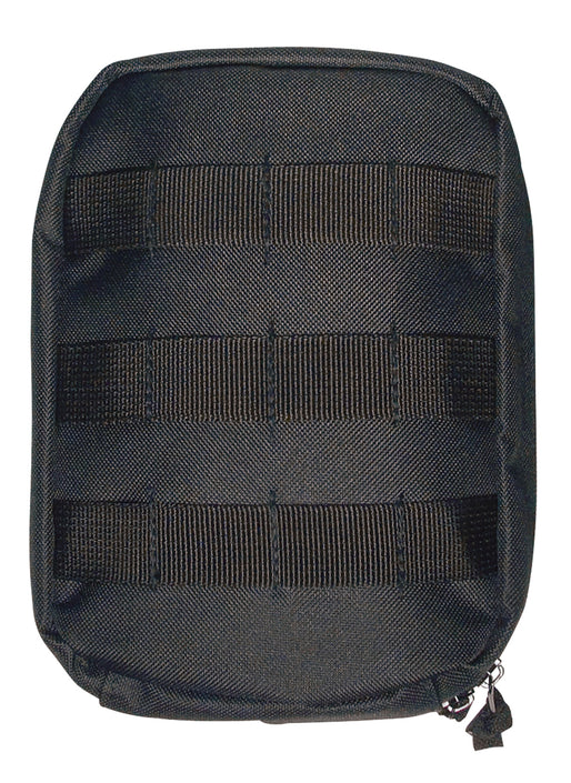 Rothco's MOLLE Tactical Trauma First Aid EMS Medical Kit (black), front view showing the 3 rows of MOLLE webbing for the attachment of additional supplies (not included).