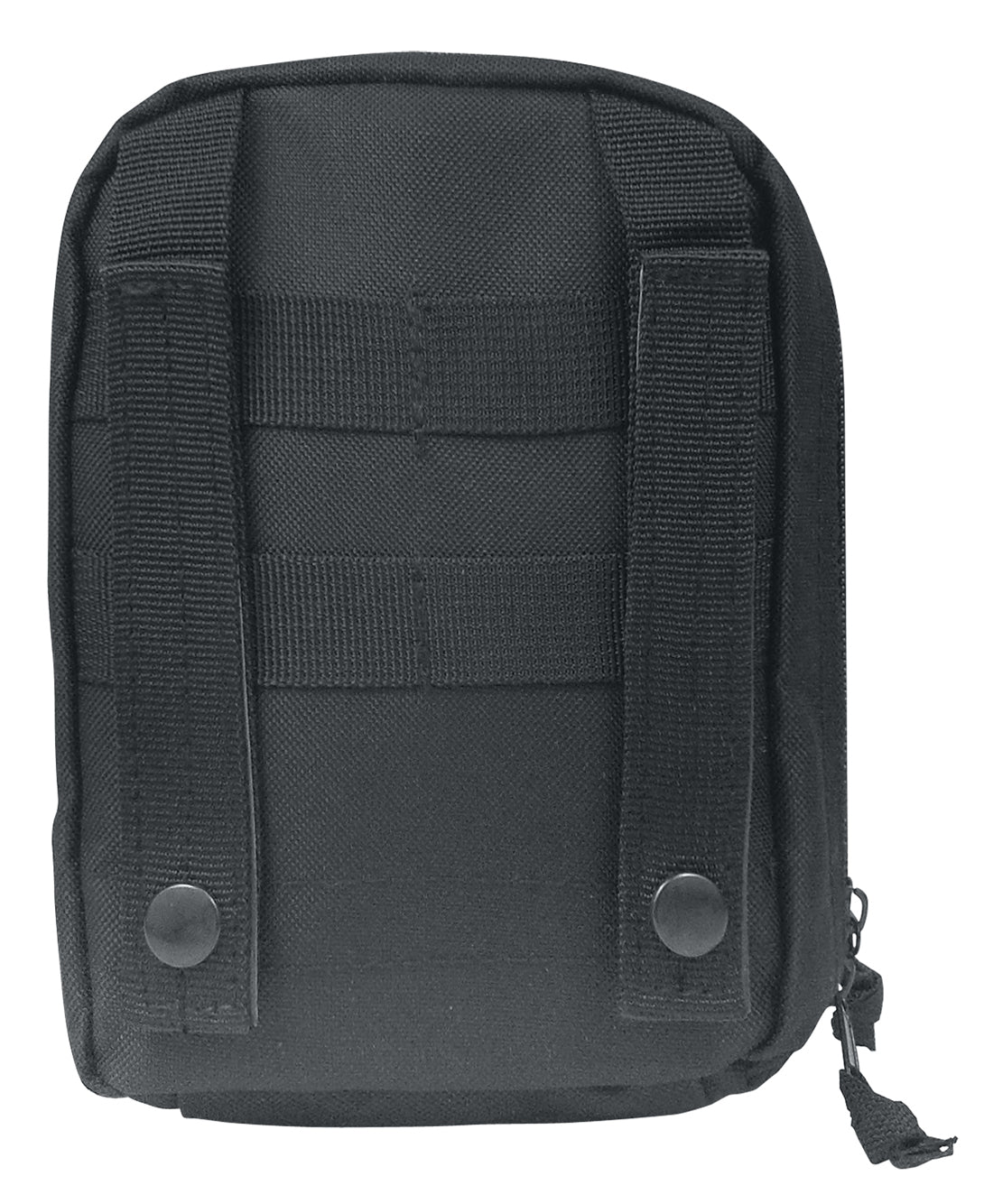 Rothco's MOLLE Tactical Trauma First Aid EMS Medical Kit (black), rear view showing the MOLLE compatible belt straps and elastic utility loops.