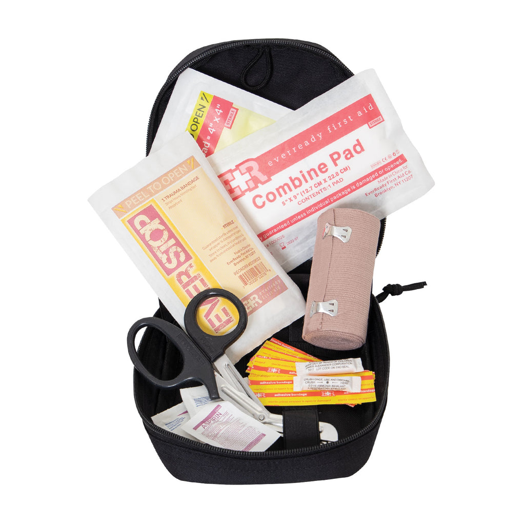 Rothco's MOLLE Tactical Trauma First Aid EMS Medical Kit (black), side view with pouch open and showing some of the included medical supplies.