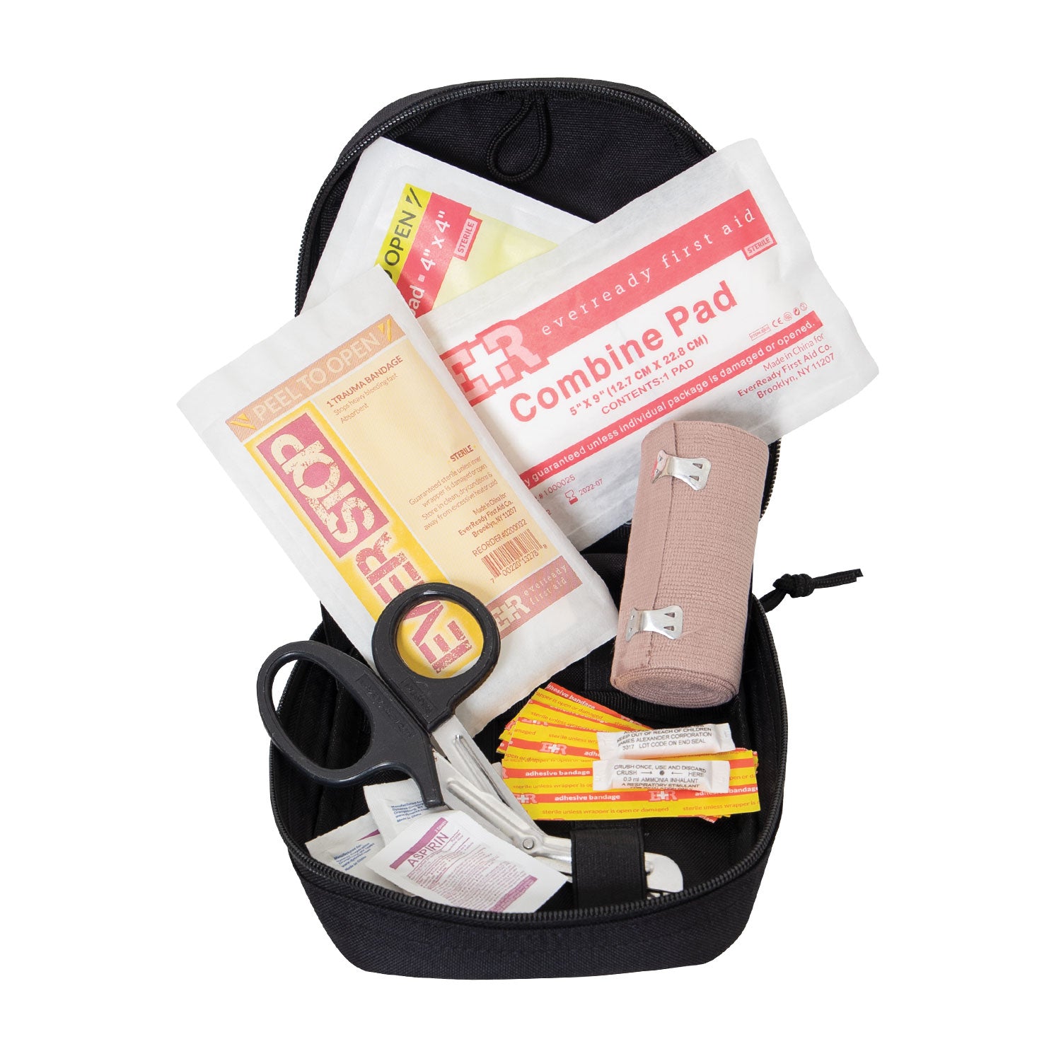 Rothco's MOLLE Tactical Trauma First Aid EMS Medical Kit (black), side view with pouch open and showing some of the included medical supplies.