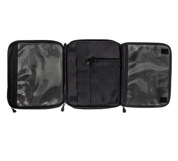 Rothco Tactical Map Case Board, top view with case opened without contents showing the map and document display panels and the center compartment with elastic loops for mapping tools.