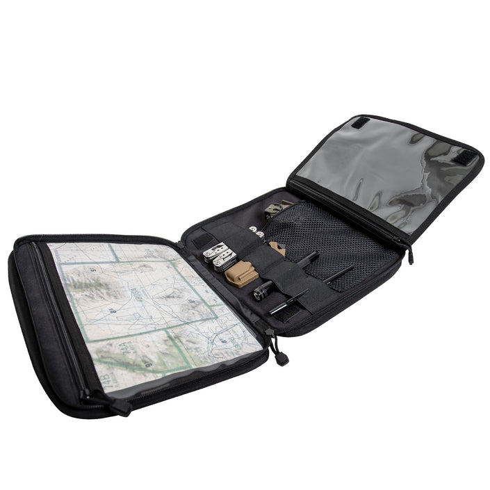 Rothco Tactical Map Case Board, oblique view with case opened showing sample contents, the map and document display panels and the center compartment with elastic loops for mapping tools.