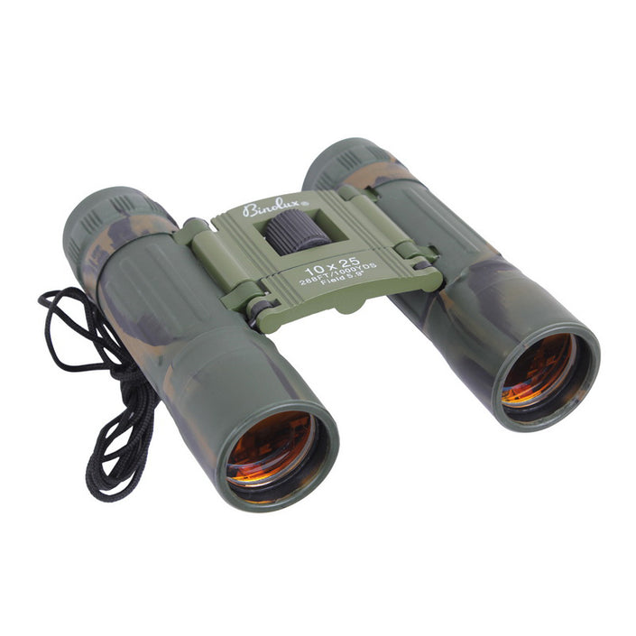 Rothco Compact 10 x 25 mm Travel Binoculars (Camo), oblique top view in the deployed configuration showing objective lenses, compact folding roof prism design, focusing wheel and neck strap.