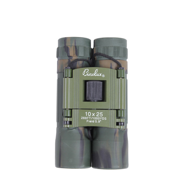 Rothco Compact 10 x 25 mm Travel Binoculars (Camo), top view in the folded configuration showing compact folding roof prism design, focusing wheel and neck strap stowed.