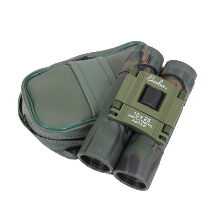 Rothco Compact 10 x 25 mm Travel Binoculars (Camo), top view in the folded configuration next to the protective carrying case.