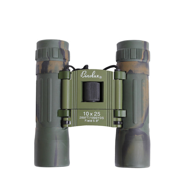Rothco Compact 10 x 25 mm Travel Binoculars (Camo), top view in the deployed configuration showing compact folding roof prism design, focusing wheel and neck strap.