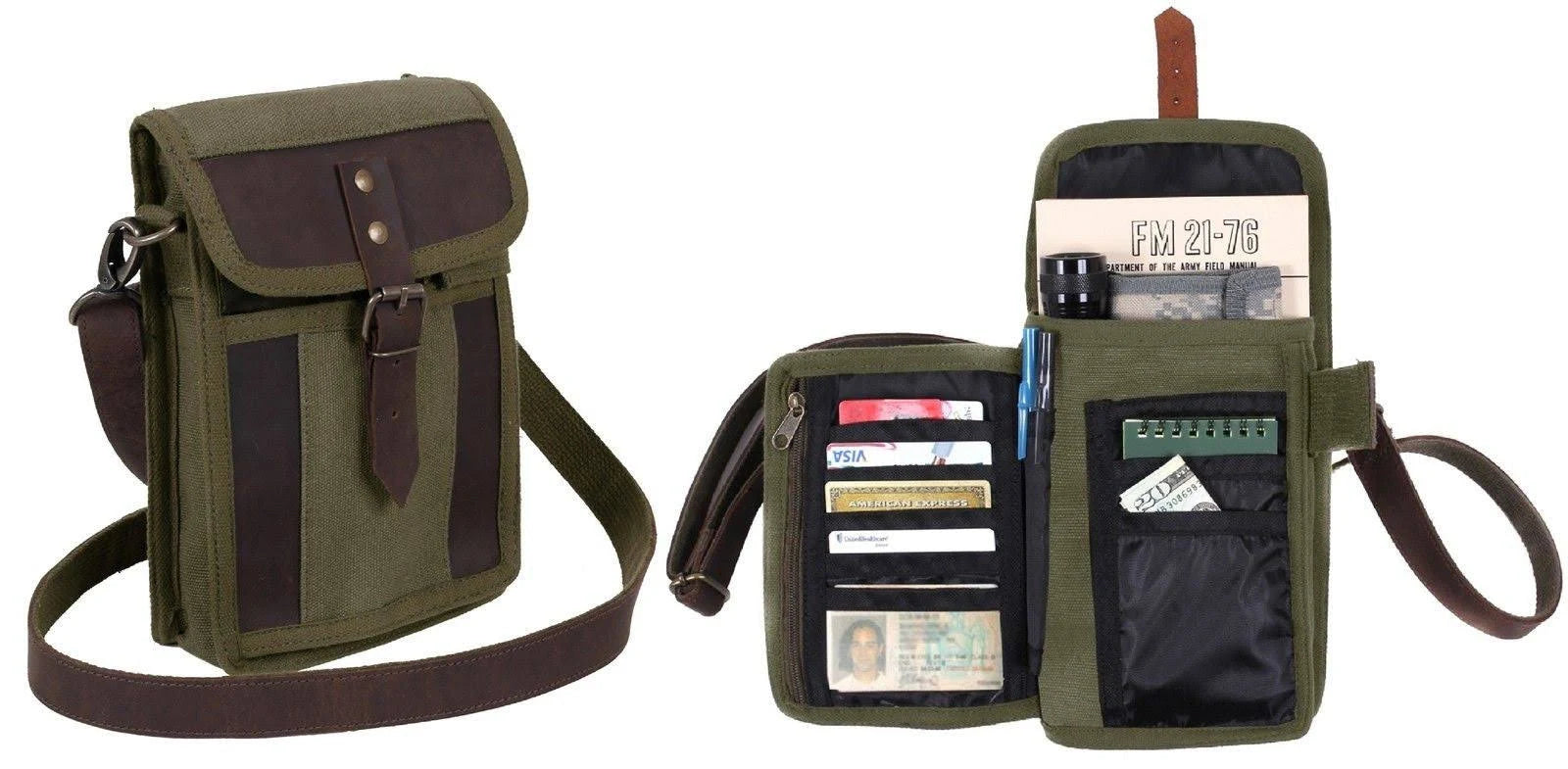 Rothco's Travel Portfolio Shoulder Bag, front view with weather flap and Card Organizer open.