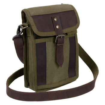 Rothco's Travel Portfolio Shoulder Bag, oblique front view showing leather accents, metal closures and shoulder sling with weather flap closed.