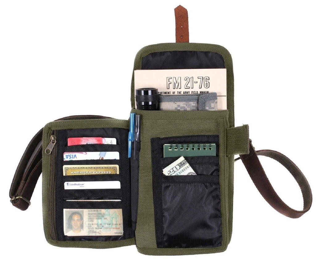 Rothco's Travel Portfolio Shoulder Bag, front view with weather flap and Card Organizer open.