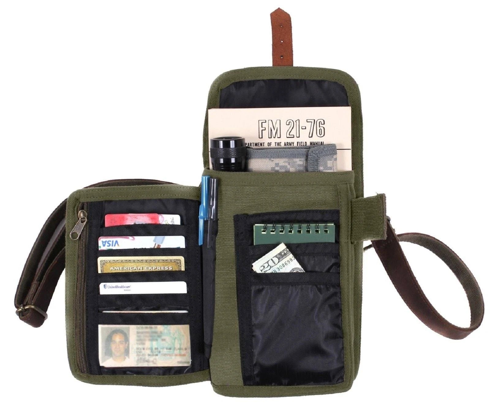 Rothco's Travel Portfolio Shoulder Bag, front view with weather flap and Card Organizer open.