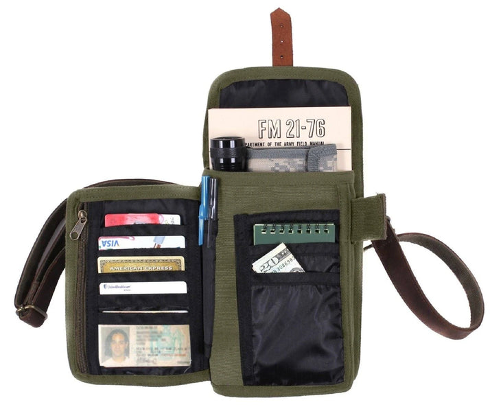 Rothco's Travel Portfolio Shoulder Bag, front view with weather flap and Card Organizer open.