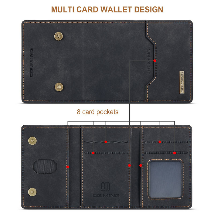 Detachable Magnetic Mini-Wallet for iPhone 14, showing trifold multi-card design