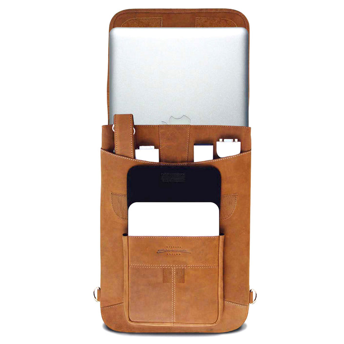 Premium Leather MacBook Messenger Bag (Vintage Brown), showing computer sleeve, interior and exterior pockets.