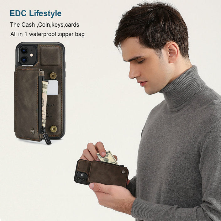 Slim Zipper Card Holder iPhone Wallet Case (coffee) showcasing slim ECD design.